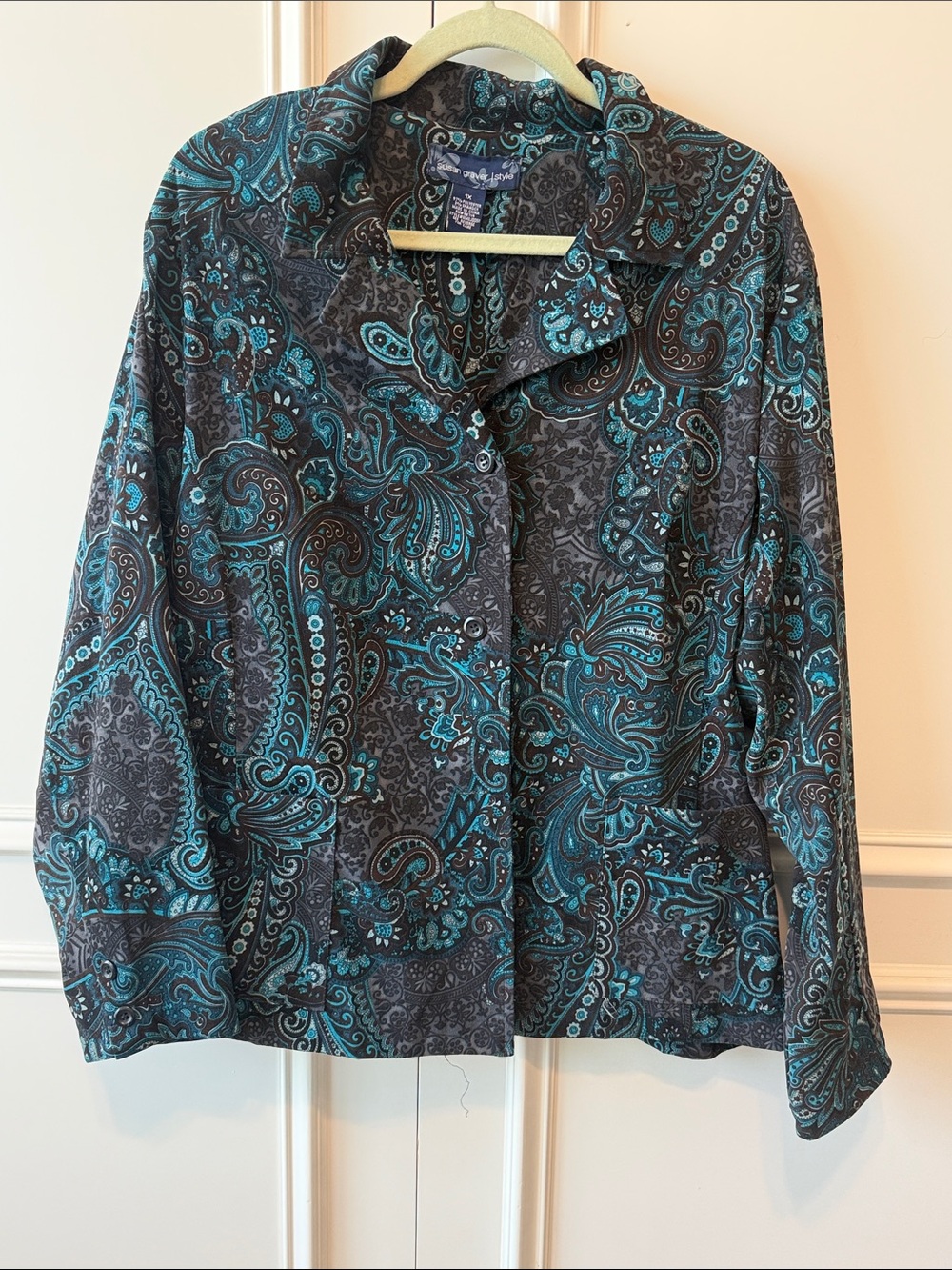 Susan Graver Teal Paisley Button-Front Jacket